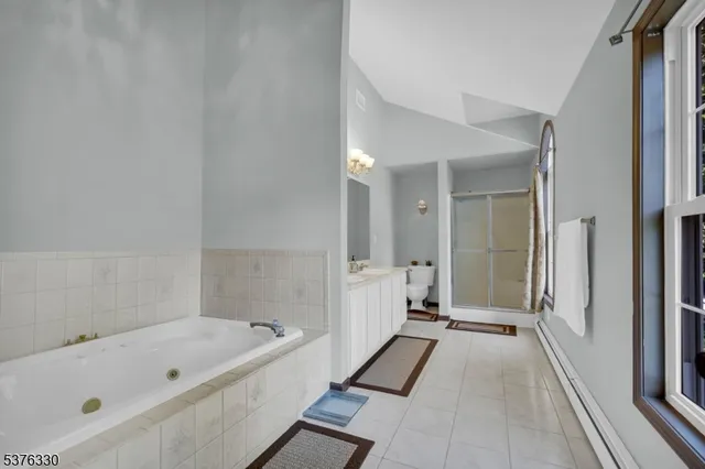 a bathroom with a tub a toilet and a shower