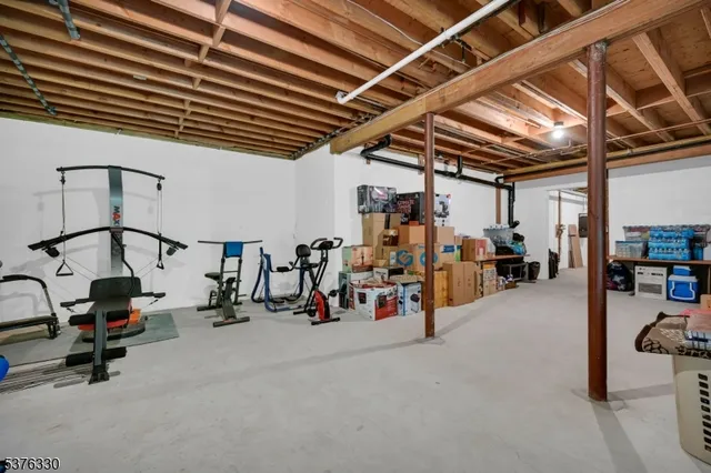 a view of a garage with gym equipment