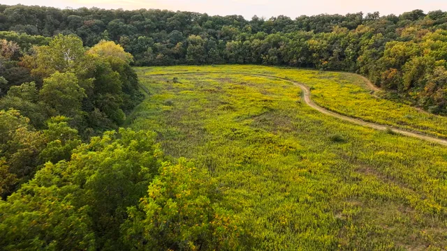 an aerial view of a house with a yard