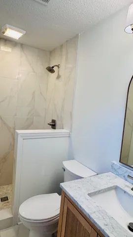 a bathroom with a granite countertop toilet and a sink