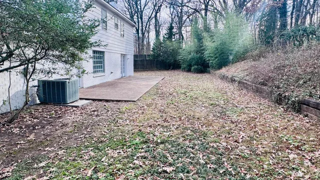 a view of a yard with plants and trees