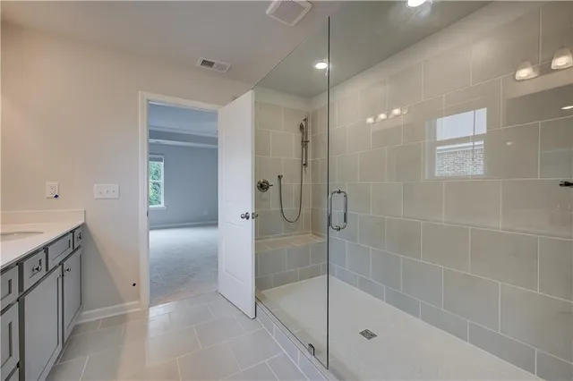 a bathroom with a shower and a sink