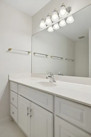 a bathroom with a sink and a large mirror