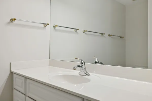 a bathroom with a sink vanity and a mirror