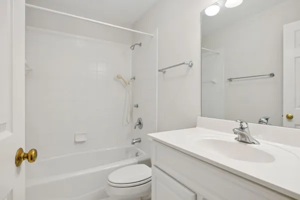 a bathroom with a toilet a sink a mirror a bathtub and vanity