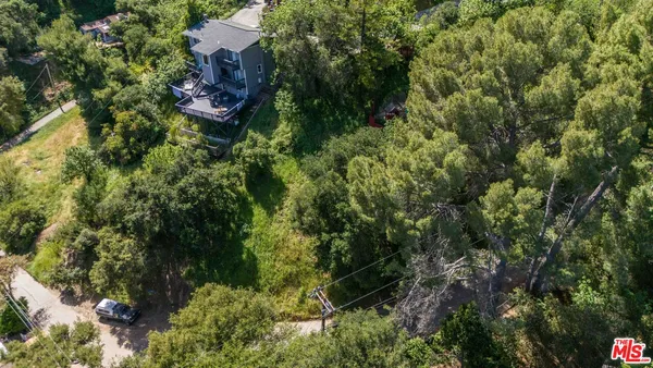 a view of a house with a lush green forest