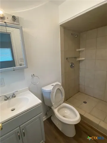 a bathroom with a toilet sink and mirror