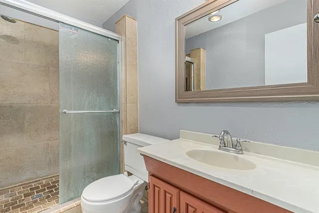 a bathroom with a sink toilet a mirror and shower