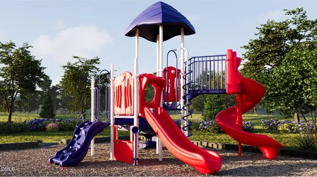 a view of a park with swings and slides