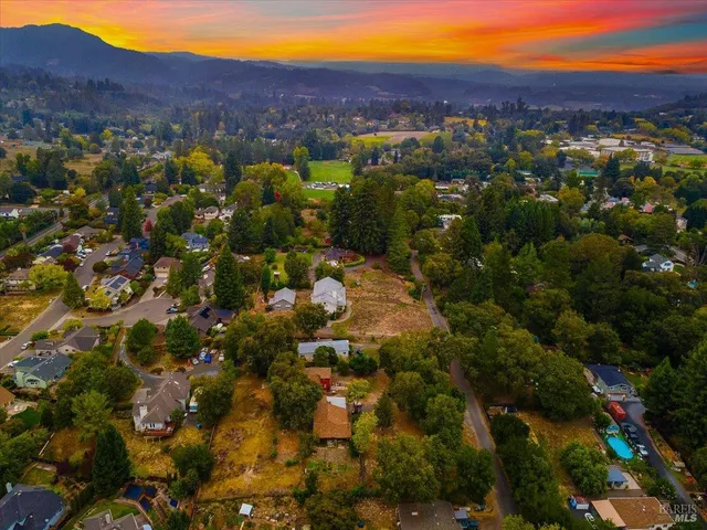an aerial view of residential houses with outdoor space and trees