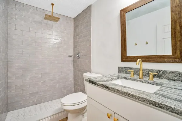a bathroom with a granite countertop sink a toilet a mirror and shower