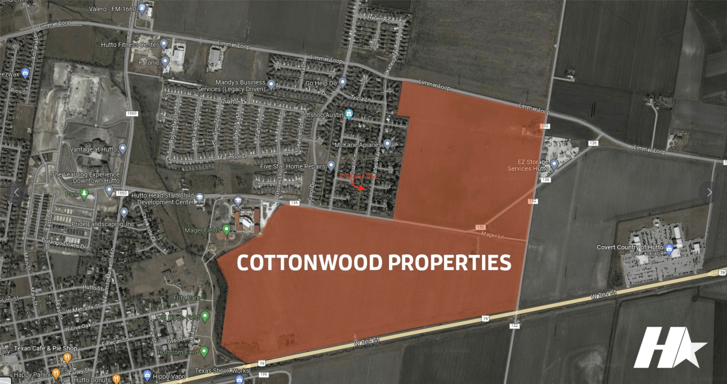 207 Kates Way Hutto, TX 78634 - Photo 23 of 24 Aerial Map. Displaying the geographic layout and boundaries of the property