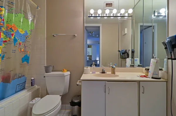 a bathroom with a sink a toilet and a mirror