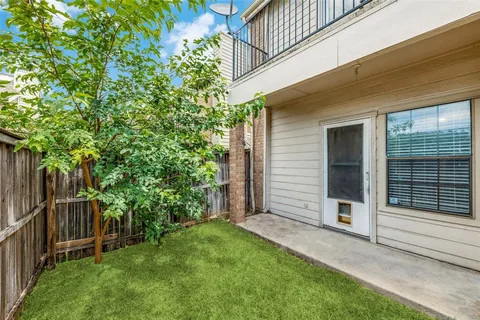 a view of a backyard with plants and large tree