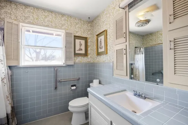 a bathroom with a sink a toilet and mirror