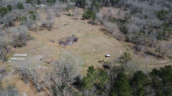 a view of a dry yard with trees in the background