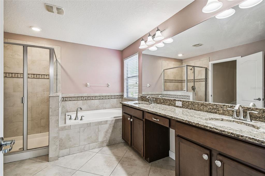 11737 Crestridge Loop New Port Richey, FL 34655 - Photo 46 of 100 a spacious bathroom with a granite countertop double vanity sink a mirror and a bathtub