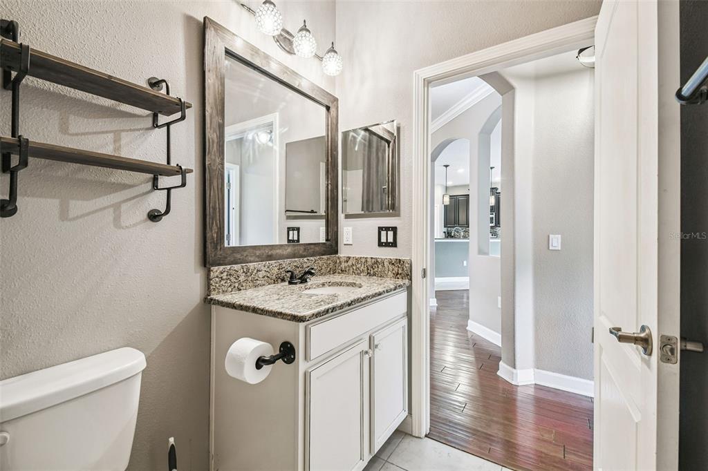 11737 Crestridge Loop New Port Richey, FL 34655 - Photo 48 of 100 a bathroom with a granite countertop sink a toilet a mirror and shower