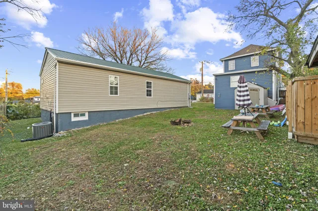 a backyard of a house with table and chairs
