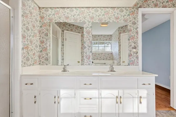 a bathroom with a sink and a mirror