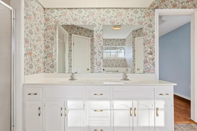 a bathroom with a sink and a mirror