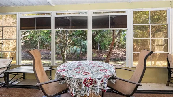 a view of a dining room with furniture window and outside view