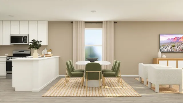 a dining room with furniture and window