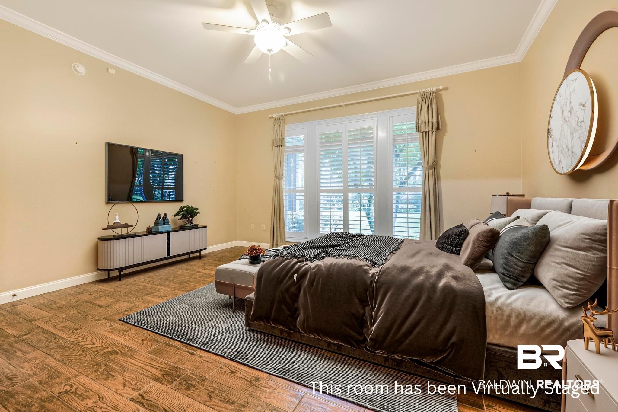 13612 Rue Royal Lane Silverhill, AL 36576 - Photo 22 of 65 Bedroom with ornamental molding, wood finished floors, and ceiling fan