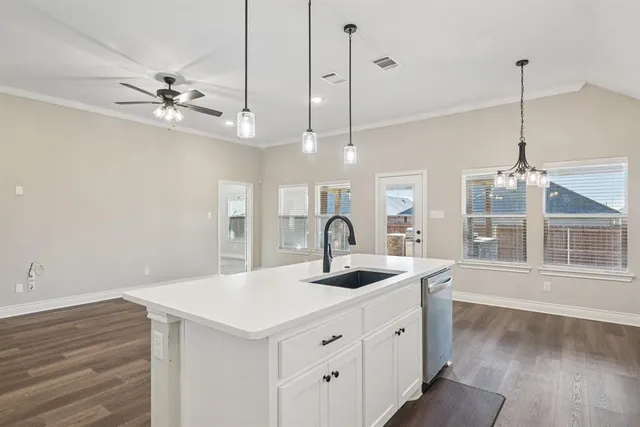 a kitchen with a sink a counter space appliances and cabinets
