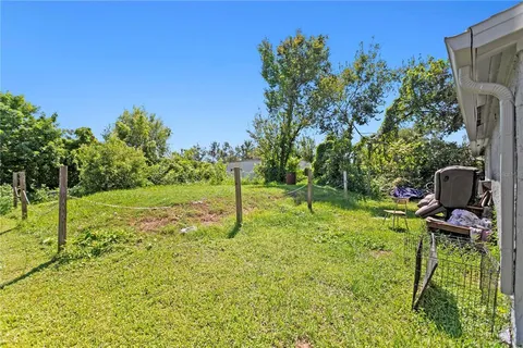 a swimming pool with lots of tress in front of it