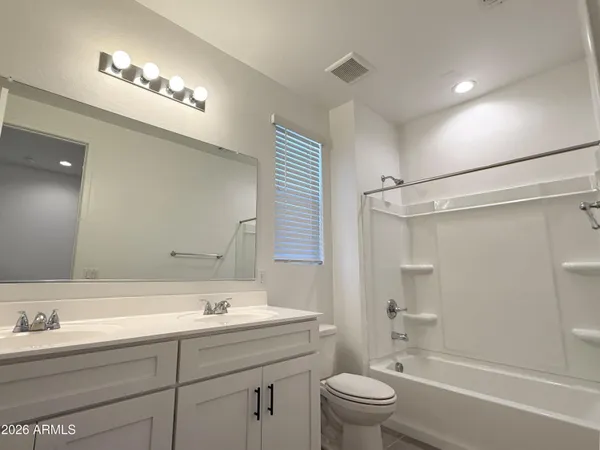 a bathroom with a toilet a sink a mirror a bathtub and vanity