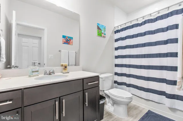 a bathroom with a sink a toilet and shower curtain