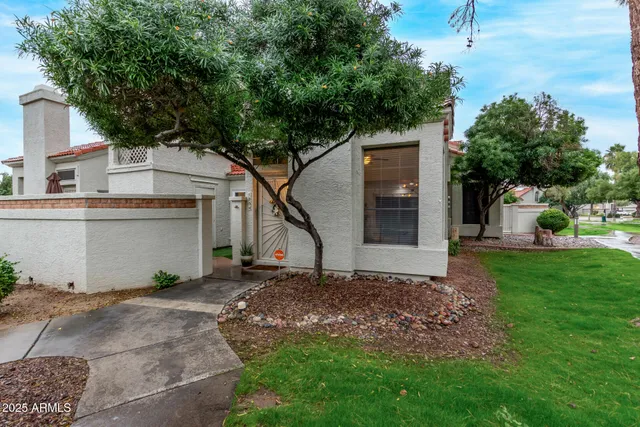 a view of a house with backyard and a tree