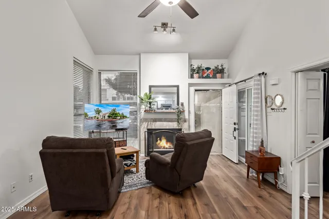 a living room with furniture and a fireplace