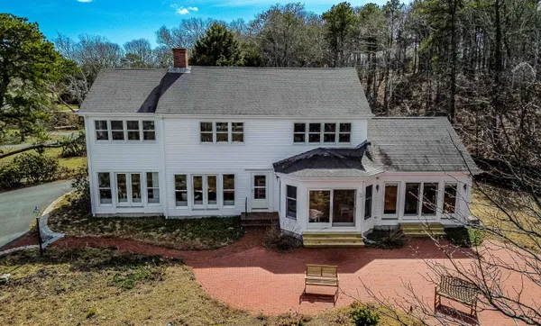 an aerial view of a house yard