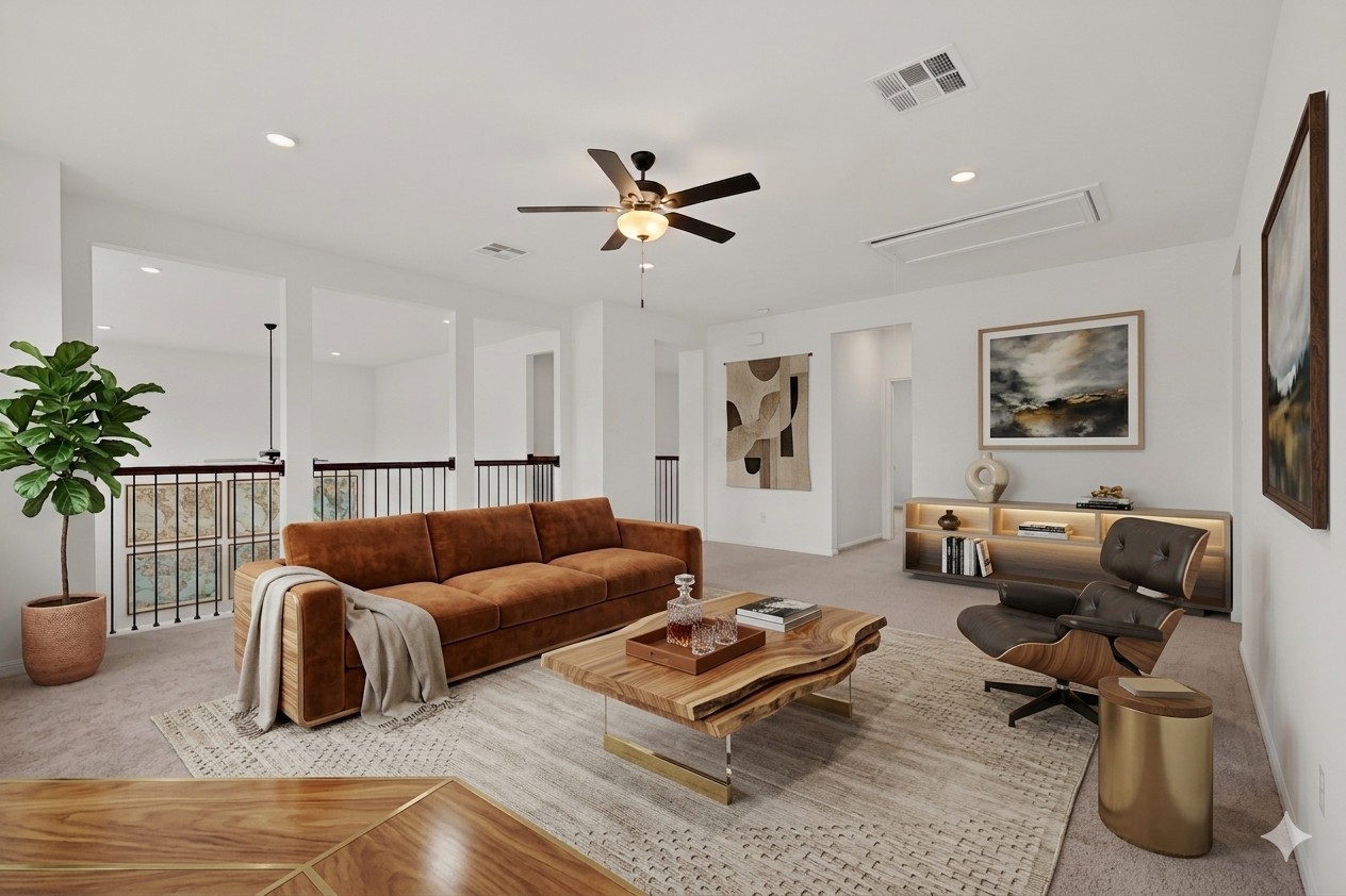 2308 Mondello Path Leander, TX 78641 - Photo 23 of 39 A comfortable great room awaits with a ceiling fan, recessed lighting, and carpeted floors.