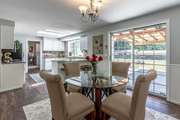 a view of a dining room with furniture window and outside view