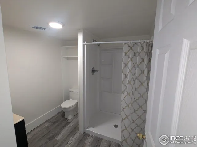 a bathroom with a shower and a toilet