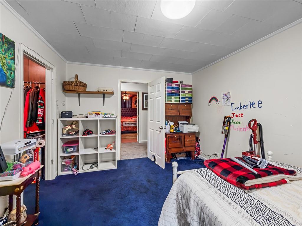 1024 Trail Street Valley, AL 36854 - Photo 22 of 37 Spacious bedroom featuring rich blue carpeting, built-in shelving with cubbies for organized storage, wooden dresser, and multiple closet spaces