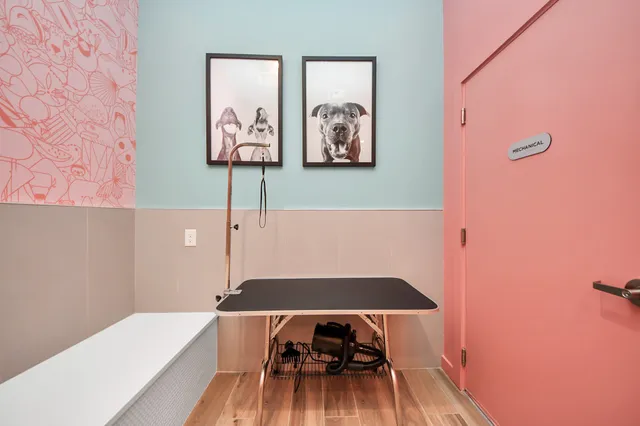 a view of a garden with a large building