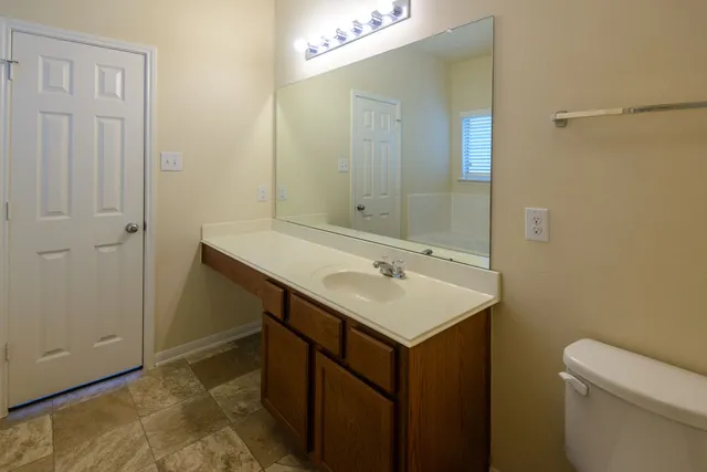 a bathroom with a sink a toilet a mirror and vanity