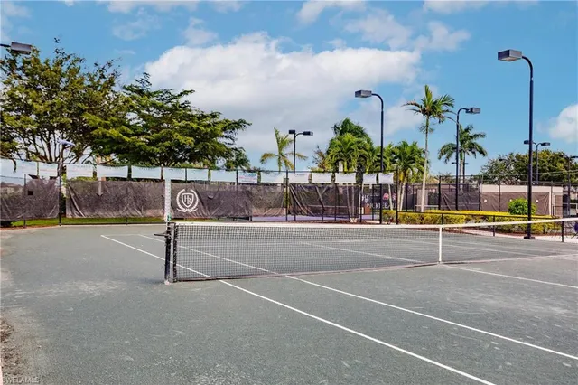 a view of a tennis court with palm trees