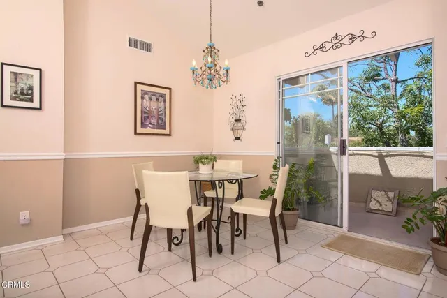 a view of a dining room with furniture window and outside view