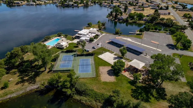 an aerial view of a house with a garden