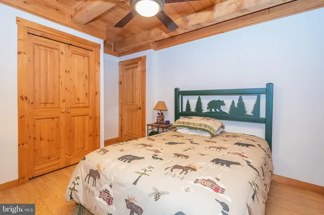 a bedroom with a bed and a closet