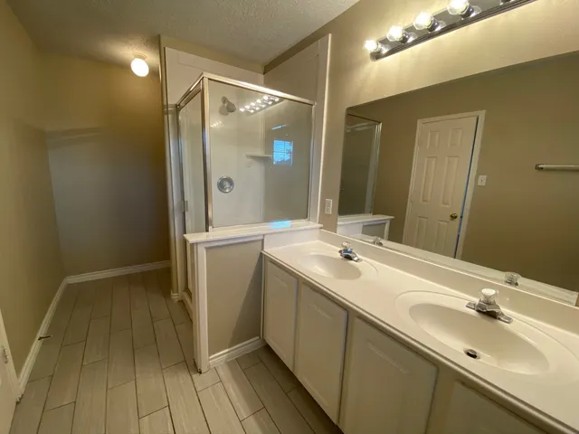 a bathroom with a shower sink and mirror