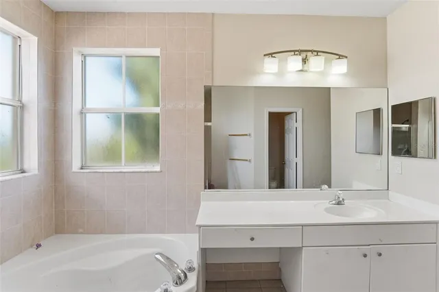 a bathroom with a tub a sink double vanity and a mirror