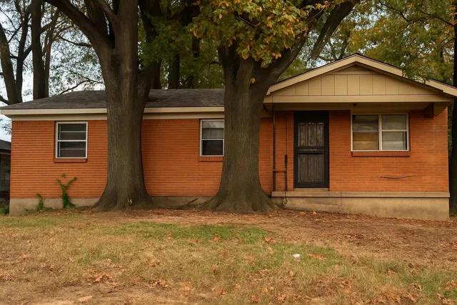 a view of brick house with large windows and a large tree