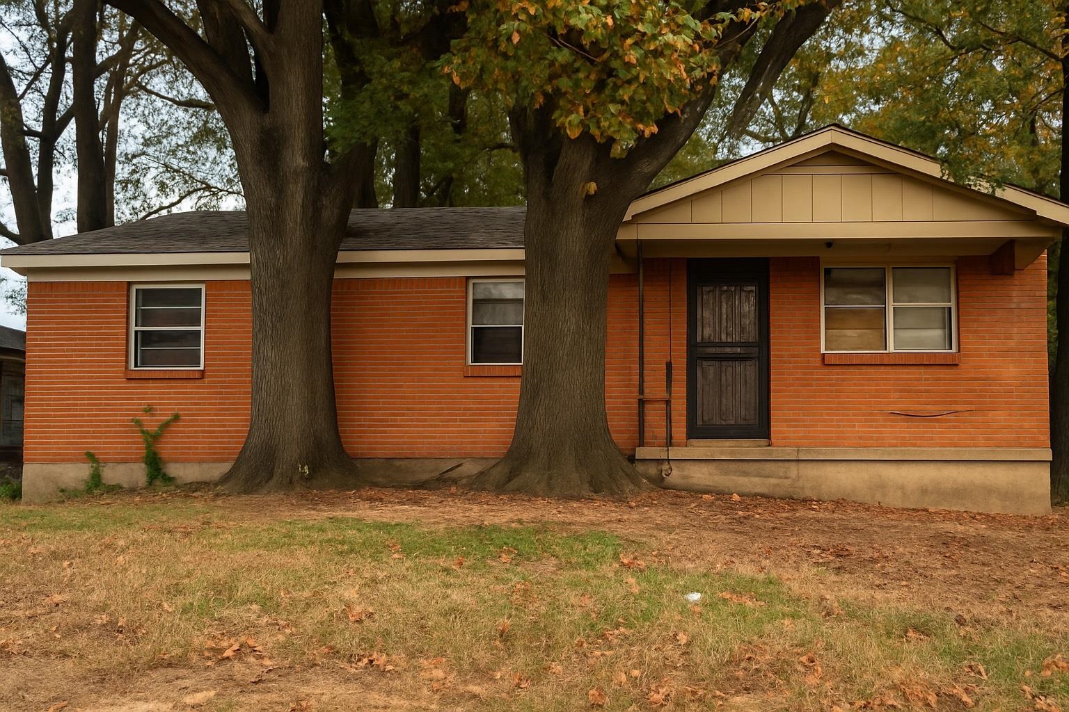 a view of brick house with large windows and a large tree