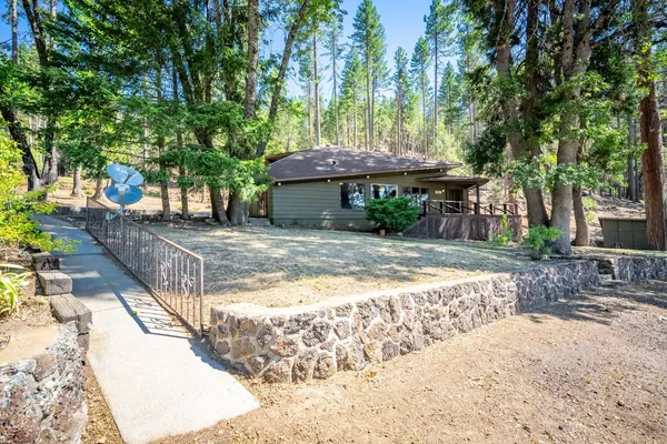 a view of a wooden house with large trees and a yard